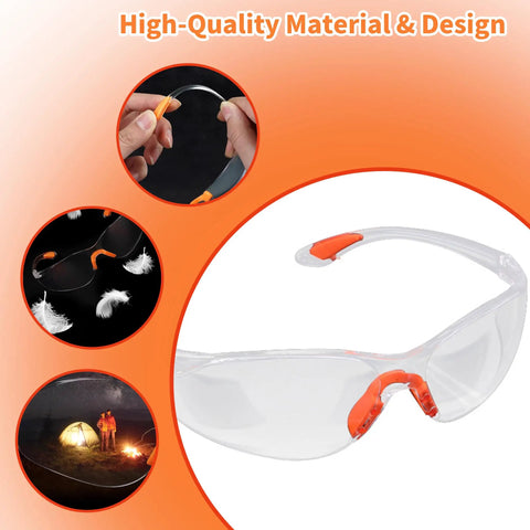 Built Dang Tough 6 Pack Safety Glasses For Work And Lab With Crystal Clear Lenses, ergonomic design with orange accents for comfort