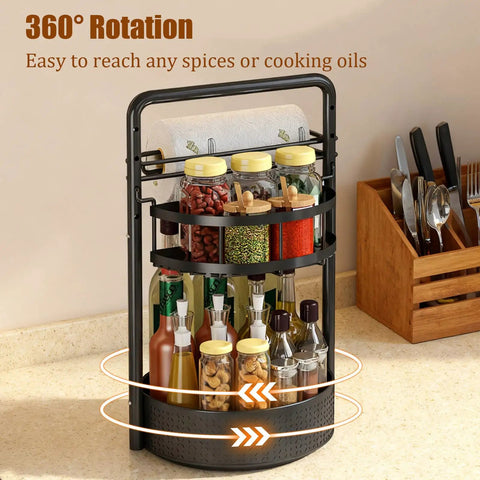 Rotating Spice Rack With Paper Towel Holder No Fuss Two Tier Lazy Susan For Spices Iron Kitchen Organizer on countertop.