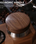 58.5mm Coffee Distributor With Walnut Wood Handle, stainless steel base, ergonomic design for barista quality espresso.