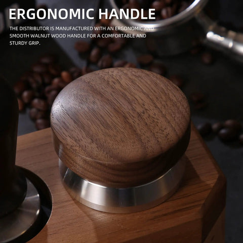 58.5mm Coffee Distributor With Walnut Wood Handle, stainless steel base, ergonomic design for barista quality espresso.