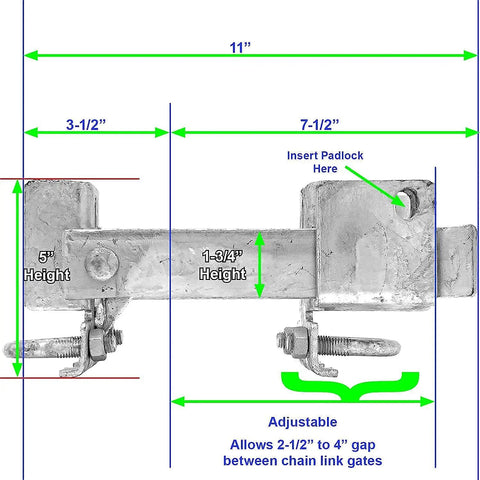 Chain Link Double Gate Latch For One And Five Eighths To Two Inch Gate Frames Strong Arm Beefy Gate Latch dimensions diagram