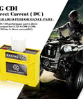 DC CDI Box High Performance Racing Part With Digital Adjustable 9 Ignition Curves for CG125 CG150 CG250 next to a quad bike.