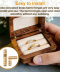 Open wooden box with concealed brass barrel hinges for jewelry, showcasing smooth ring display. 25 Pieces Brass Barrel Hinges For Wooden Boxes And Jewelry Boxes Concealed Hidden Cylindrical Hinges 2x0.4 Cm Durable Cabinet Door Hardware For Small Woodworking Projects And Model Making is shown in use.