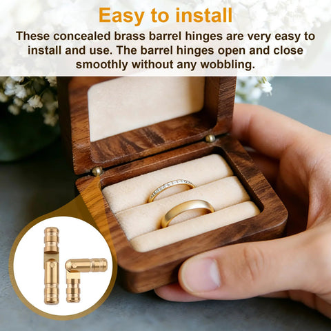 Open wooden box with concealed brass barrel hinges for jewelry, showcasing smooth ring display. 25 Pieces Brass Barrel Hinges For Wooden Boxes And Jewelry Boxes Concealed Hidden Cylindrical Hinges 2x0.4 Cm Durable Cabinet Door Hardware For Small Woodworking Projects And Model Making is shown in use.