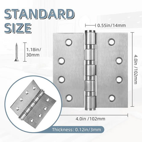 Six Pack Stainless Steel 4 Inch Door Hinges Set With Ball Bearing, Heavy Duty Square Corner Hinge For Exterior And Interior Doors, Satin Nickel Finish, Includes 48 Matching Screws; 4x4 in