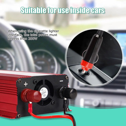 Heavy Duty 1200W Car Power Inverter Cranks Out DC 12V To 110V AC With Tough Steel Shell And Crisp LCD Display Panel For Truck RV And Weekend Cruises, showing connection to car socket.