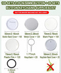 All In One Button And Keychain Making Kit With 100 Button Backs 20 Keychain Bases 120 Blank Papers And 120 Clear Film Sheets contents