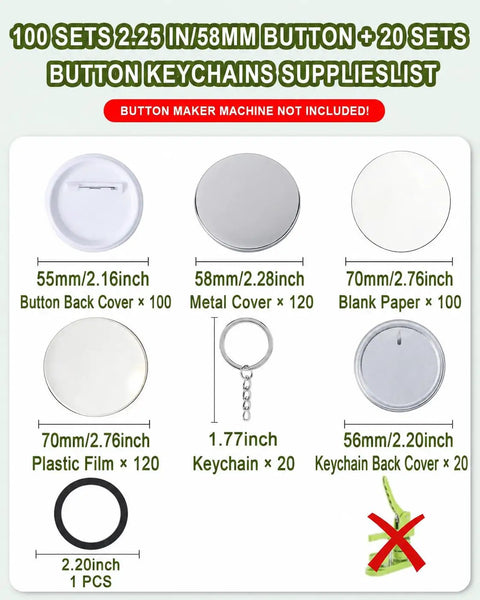 All In One Button And Keychain Making Kit With 100 Button Backs 20 Keychain Bases 120 Blank Papers And 120 Clear Film Sheets contents