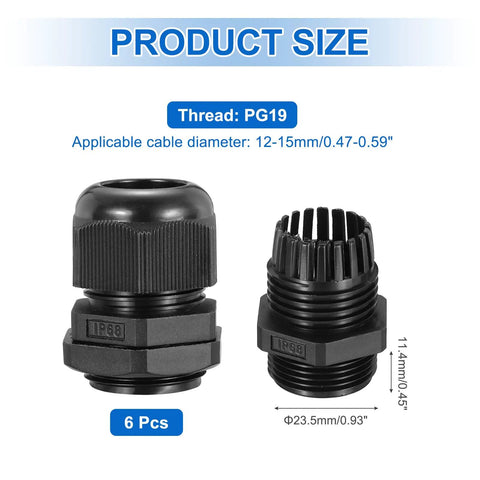 Six Pack PG19 Cable Glands 12-15mm Thread Waterproof Adjustable Cable Connectors, black plastic, product size view