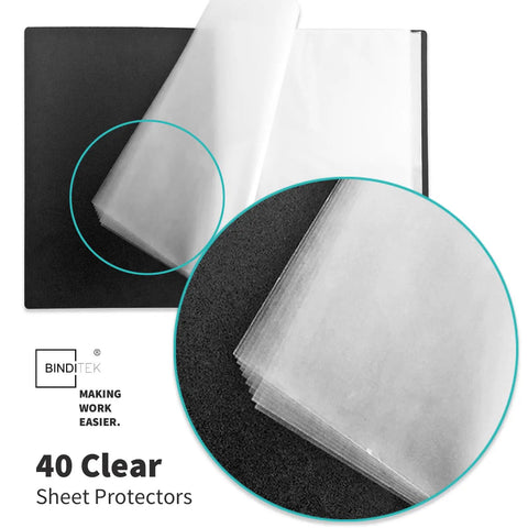Six Pack 40 Pocket Display Binders With Clear Sheet Protectors, 8.5 By 11 Portfolio Folders, shown in black open view with sheets
