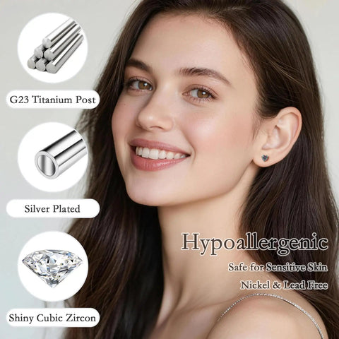Top Notch Implant Grade Titanium Heart Earrings With Lustrous Cubic Zirconia Secure Screw Back Closure Hypoallergenic Nickel Free Metal For Sensitive Ears and Slay Your Daily Vibe, on model with shiny cubic zirconia.