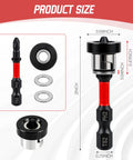 Heavy Duty Premium Top Tier Magnetic Drywall Screw Setter Bits With Adjustable Depth Stop, showing product components and sizes.