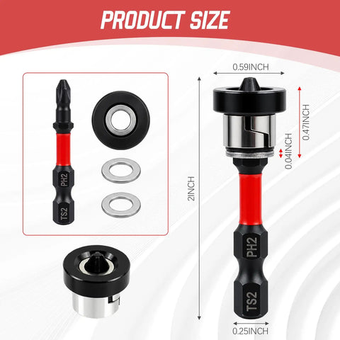 Heavy Duty Premium Top Tier Magnetic Drywall Screw Setter Bits With Adjustable Depth Stop, showing product components and sizes.
