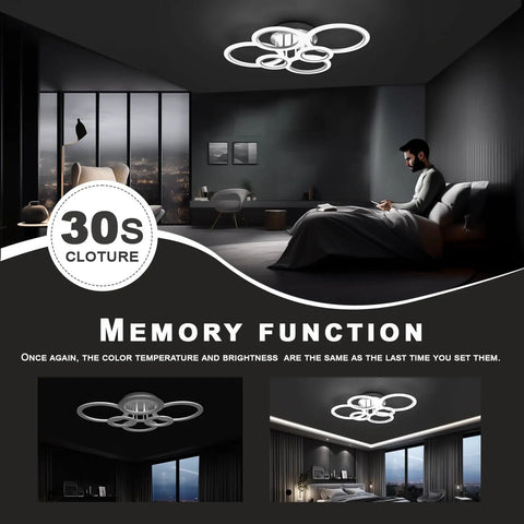Modern bedroom with Dope Six Ring LED Modern Chandelier 6400 LM 31.5 Inch Flush Mount Ceiling Light, dimmable light feature shown.