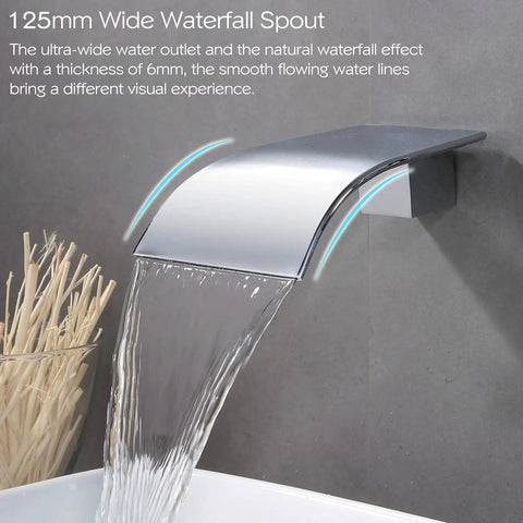Waterfall Wall Mount Tub Faucet In Brass With Chrome Finish, cascading water into bathtub from 125mm wide spout