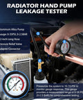 Grease Monkey Approved 31-Piece Coolant Pressure Tester Kit With 23 Radiator Adapters demonstrating aluminum alloy pump and pressure gauge in engine bay.