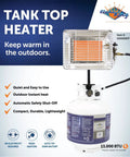 GS4200EP 13,000 BTU Propane Tank Top Heater Built For Outdoors, Tough Jobsites And Campsites, mounted on propane cylinder