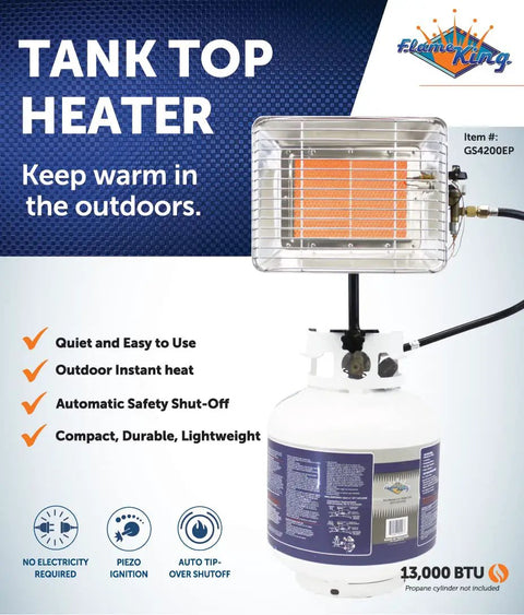 GS4200EP 13,000 BTU Propane Tank Top Heater Built For Outdoors, Tough Jobsites And Campsites, mounted on propane cylinder