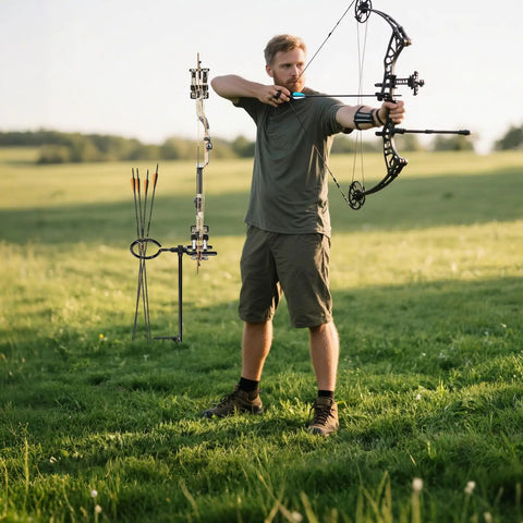 Archer using Beefy Bow Stake With 360 Degree Adjustable Rotating Fork And Arrow Ring in open field for target practice