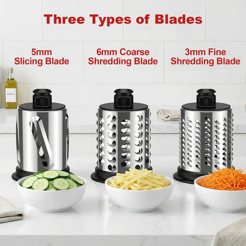 Three blades shown with slicing, coarse, and fine shredding for Meat Grinder And Cheese Grater Attachments For KitchenAid Stand Mixer.
