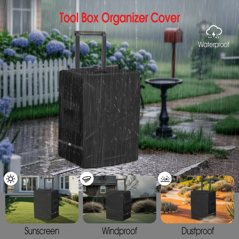 Tool Box Cover For Keter Stack-N-Roll Modular Tools Organizer 3 Piece Rolling Tool Box System With Wheels Waterproof 600D PU Coated Cover Only Fits 21.6 By 17.7 By 27.6 Inches in outdoor setting