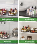 Smooth Spin Rectangular Lazy Susan Turntable used in refrigerator and bathroom for organized condiments and skincare.