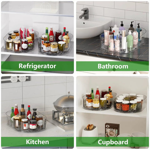 Smooth Spin Rectangular Lazy Susan Turntable used in refrigerator and bathroom for organized condiments and skincare.
