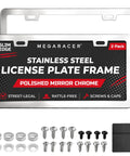Slim Mirror Chrome License Plate Frames 2 Pack showing frame, screw caps, and mounting hardware, rattle free street legal design.