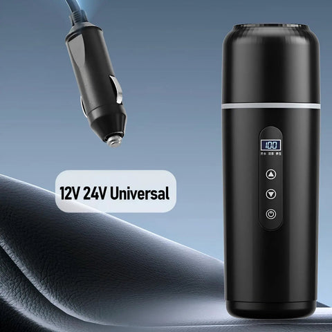 Road Warrior Approved Fast Boiling Electric Kettle For Cars And Trucks Featuring Food Grade 304 Stainless Steel For Quick Brews On The Go With 12 Volt Compatibility For Truckers And Adventure Seekers, showing kettle with 12v car plug.