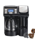 Solid Trio Coffee Maker Bundle Comes With Two Fresh Water Filter Pods And Swift Single Serve Option For Real Good Morning Coffee In Sleek Black Cabinet, showing buttons and dual brewing system.
