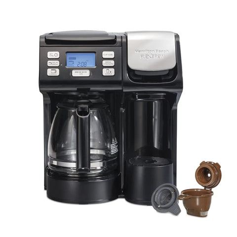 Solid Trio Coffee Maker Bundle Comes With Two Fresh Water Filter Pods And Swift Single Serve Option For Real Good Morning Coffee In Sleek Black Cabinet, showing buttons and dual brewing system.