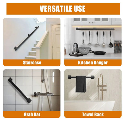 Versatile Heavy Duty 14 Foot Wall Mount Stair Handrail Built Like A Tank Steel Rail Matte Black in staircase and kitchen uses.