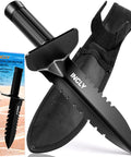 Heavy Duty Metal Detector Shovel With Double Serrated Edge Belt Mount Sheath Detecting And Digging Tool next to packaging