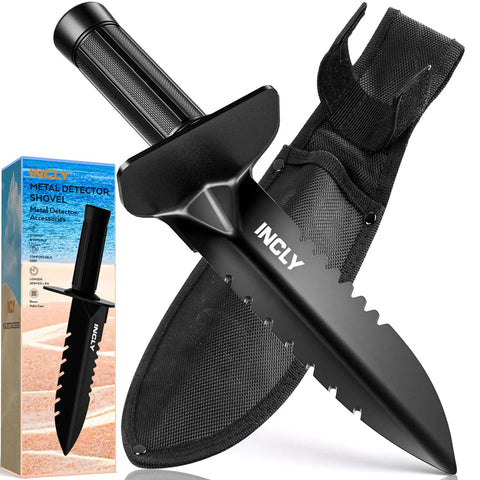 Heavy Duty Metal Detector Shovel With Double Serrated Edge Belt Mount Sheath Detecting And Digging Tool next to packaging