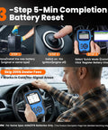 BM700 Pro BMW Scanner with Auto VIN and Battery Registration Tool demonstrating 3-step battery reset process in vehicle.