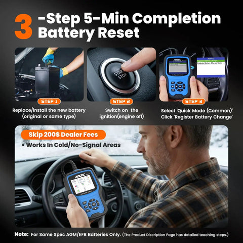 BM700 Pro BMW Scanner with Auto VIN and Battery Registration Tool demonstrating 3-step battery reset process in vehicle.