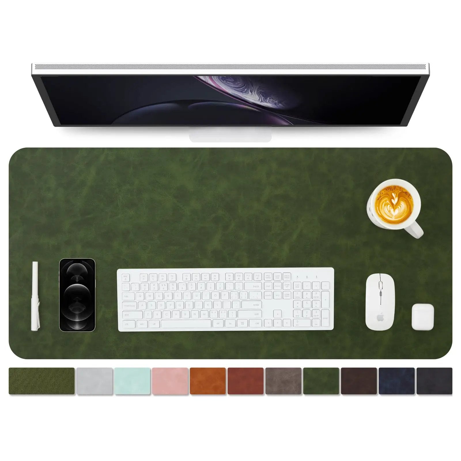 Forest Green Distressed PU Leather Desk Pad 36x17 ✓