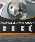 Benchtop Mini Metal Lathe 9x30 With 1100W Motor 3000 RPM LCD Display showcasing adaptable 3-jaw chuck specifications.