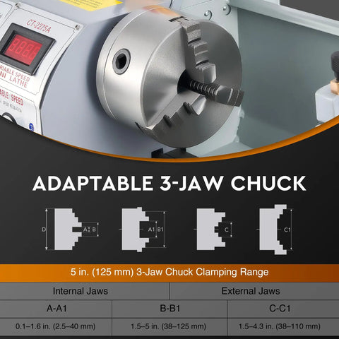 CREWORKS 9 X 30 Mini Metal Lathe Machine With LCD Display showing adaptable 5 in. 3-jaw chuck with clamping range details.