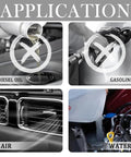 Silicone heater hose for automotive use; four-panel application showing diesel oil, gasoline, air, and water.