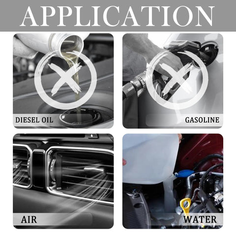 Silicone heater hose for automotive use; four-panel application showing diesel oil, gasoline, air, and water.