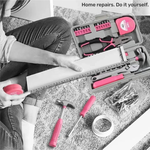 Person using a pink basic tool kit in a portable case for college dorm home and office DIY repairs with essential hand tools and tray
