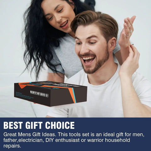 Couple excitedly opening Magnetic Nut Driver Set For Impact Drill With Extra Long Six Inch Nut Drivers In Sturdy Tool Box Pro Grade SAE And Metric Hex Shank Socket Kit For Drill DIY Enthusiasts Car Repair And Home Projects.