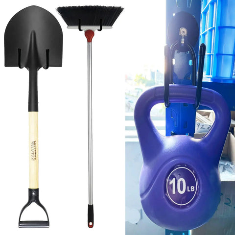2 Pack Heavy Duty Magnetic Garage Hooks With Rubber Coated Magnets holding shovel, broom, and 10lb kettlebell in garage