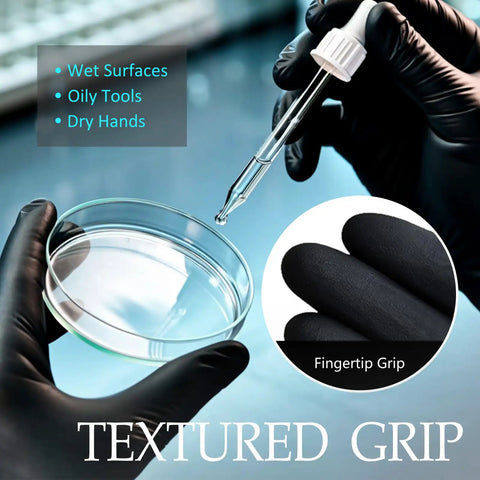 Top Tier Built Tough 6 Mil Black Nitrile Gloves 100 Pack Large textured grip on wet surfaces for precise handling in labs.