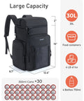 Waterproof Cooler Backpack For 30 Cans, Insulated Leakproof Portable Cooler Bag dimensions and storage capacity shown.