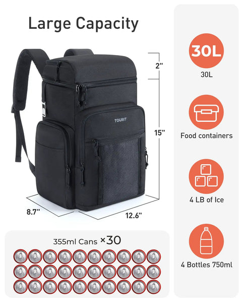 Waterproof Cooler Backpack For 30 Cans, Insulated Leakproof Portable Cooler Bag dimensions and storage capacity shown.