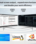 Dual-screen output with Windows 10 and Linux systems showcasing VGA and HDMI connections for the Rugged Fanless Industrial Mini Pc.