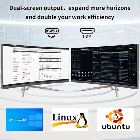 Dual-screen output with Windows 10 and Linux systems showcasing VGA and HDMI connections for the Rugged Fanless Industrial Mini Pc.