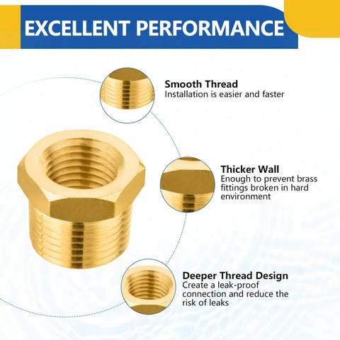 10 Pack Brass Reducer Hex Bushing 1/2 Inch Male NPT to 1/4 Inch Female NPT Pipe Fitting Adapter with smooth thread design